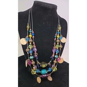 Necklace Tiered W Goldtone Details, Shades Purple, Blue & Green Beads Unique